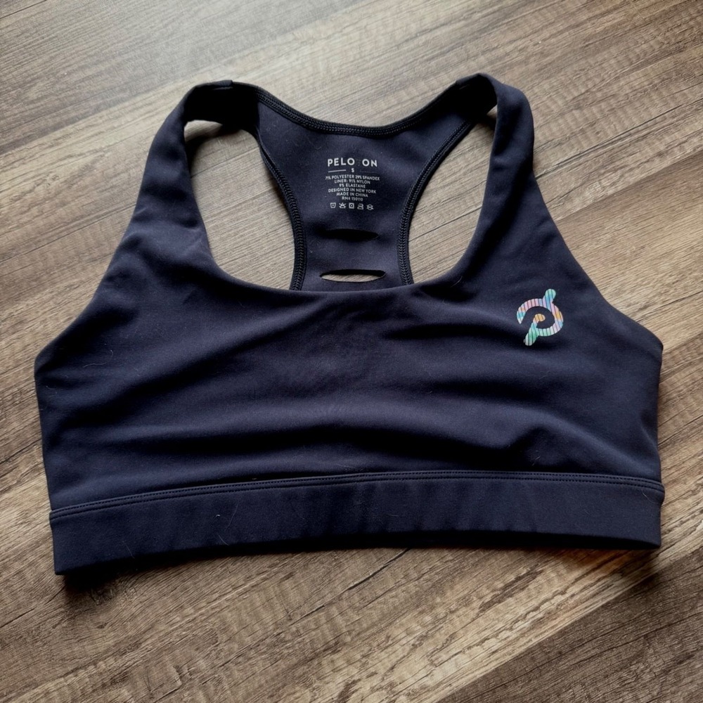 Peloton Peloton Womens Black Racerback Sports Bra Cutout Back Multi Color Logo S